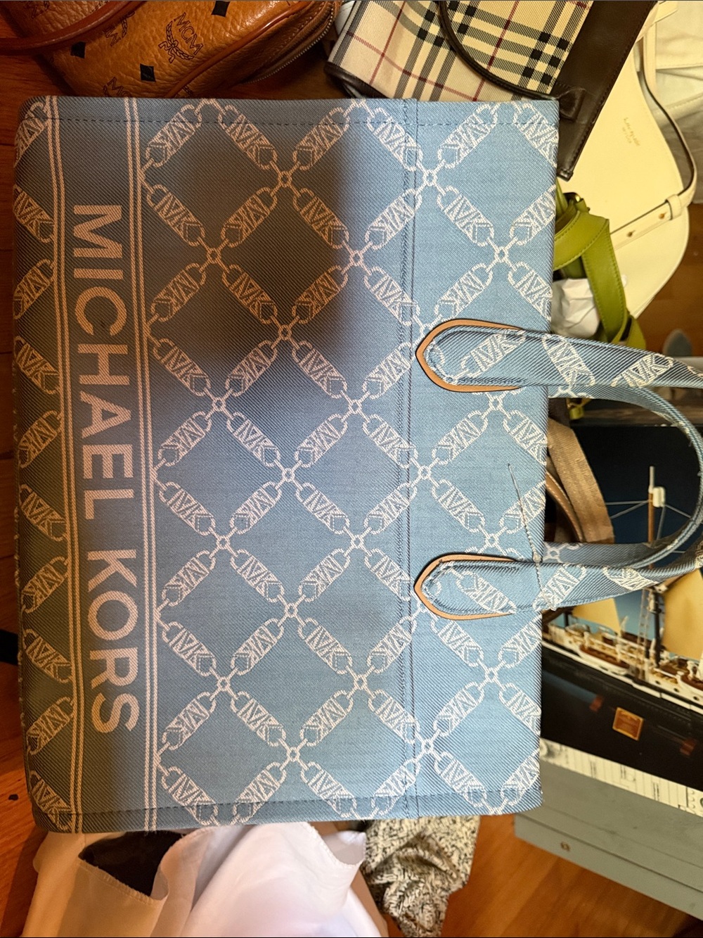 Michael Kors Light Blue Logo Jacquard Tote with White Accents